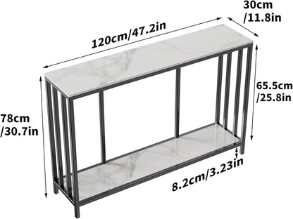 FATIVO 2-laags consoletafel gangunit: marmeren blad consoles bureau 120x30x78cm lang hoogglans gesinterde steen marmer zwart frame frame smalle hoge moderne bank opslag bijzettafels woonkamer