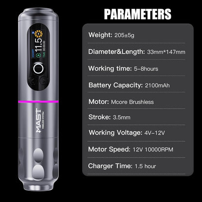 Draadloze Tattoomachine – Tattoo Pen – Rotary Machine – Tatoeëerpen – Tattoo Gun – Borstelloze Motor – 2000mAh Accu Met Smart Scherm