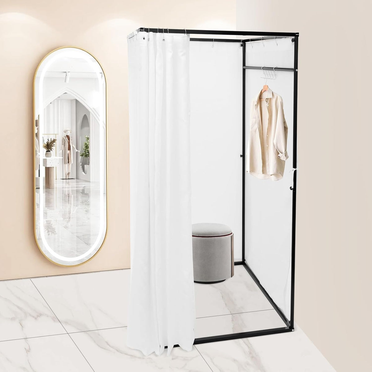 OUKANING Portable Dressing Cabin, 100 x 100 x 200 cm, Load Capacity 30-35 kg, Movable Dressing Room, Freestanding, Removable and Opaque, for 3-4 People, White - QUORE