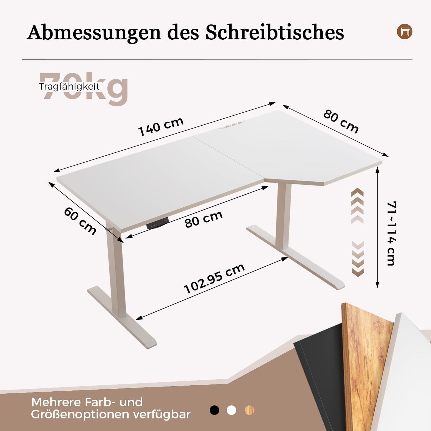 Klicelor L-Shaped Adjustable Height Desk, 140 x (60-80cm), Electric Standing Desk, Sit-Stand Desks for Home Office, Ergonomic Computer Table with Split Plate, White - QUORE