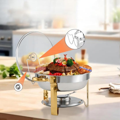 4 Pack Chafing Dish Buffet Set 5 Qt, 5L RVS Chafing Dishes, Ronde Catering Warmer Server met Glazen Deksel & Cover Houder, Voedsel Warmers voor Feesten, Bruiloft, Verjaardag (Sliver-Glas)