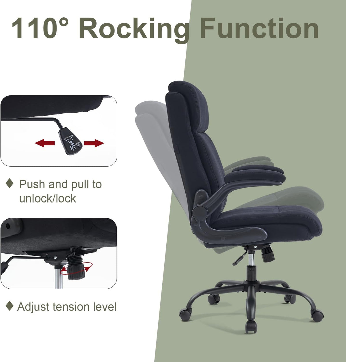 CASTLOVE Stoffen Bureaustoel Ergonomische Computer Bureaustoel Draaibare Brede Executive Office Chair met Opklapbare Armsteun voor Kantoor Thuis (Zwart)
