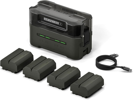 TILTA NP-FZ100 Batterijset en oplader, 4 batterijen van 2400 mAh en snellader USB-C PD 45 W met vier kanalen, compatibel met Sony ZV-E1-, A7 IV-, A7RIII-, FX3- en FX30-batterijen TBC-FZ100-B-GN