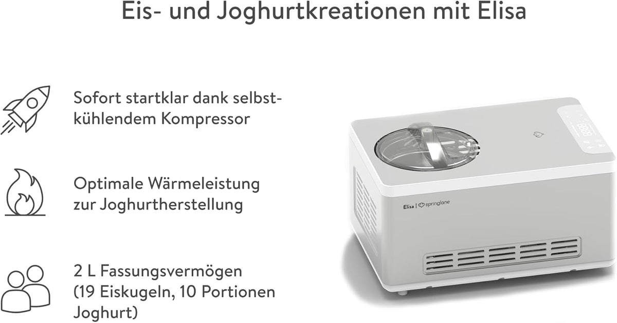 IJsmachine & Yoghurtmaker Elisa 2,0 L met zelfkoelende compressor 180w, gemaakt van roestvrij staal, ijsmaker met koel- en verwarmingsfunctie, bewaarcontainer