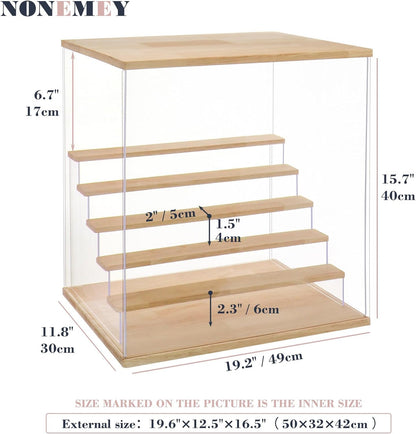 Nonemey Transparante Acryl Vitrinestandaard met Kleurrijk Led Licht,3/4/5/6 Lagen Vitrinekast Stofdichte Organisator Acryl Doos voor Verzamelobjecten Figurines (Hout, 6Tier-49*30*40 cm)