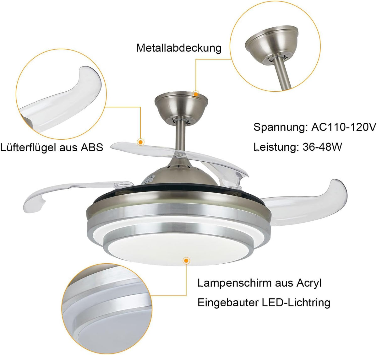 36 Inch 220V Ceiling Fan, Dimmable, Modern Smart Ceiling Light with LED Lights and Remote Control, Adjustable Wind Strength, Fan Lamp for Bedroom and Living Room, Silver - QUORE