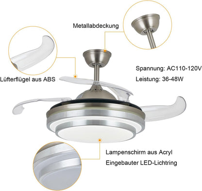 36 Inch 220V Ceiling Fan, Dimmable, Modern Smart Ceiling Light with LED Lights and Remote Control, Adjustable Wind Strength, Fan Lamp for Bedroom and Living Room, Silver - QUORE