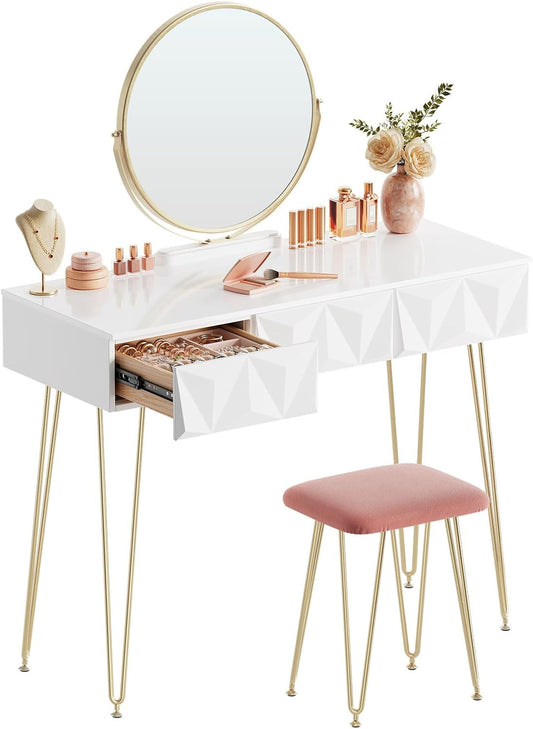Eugad Dressing Table with Stool and Mirror, 360° Rotatable, Makeup Mirror, Dressing Table with 3 Drawers, Padded Velvet Stool, 3D Effect Drawer, White and Gold - QUORE