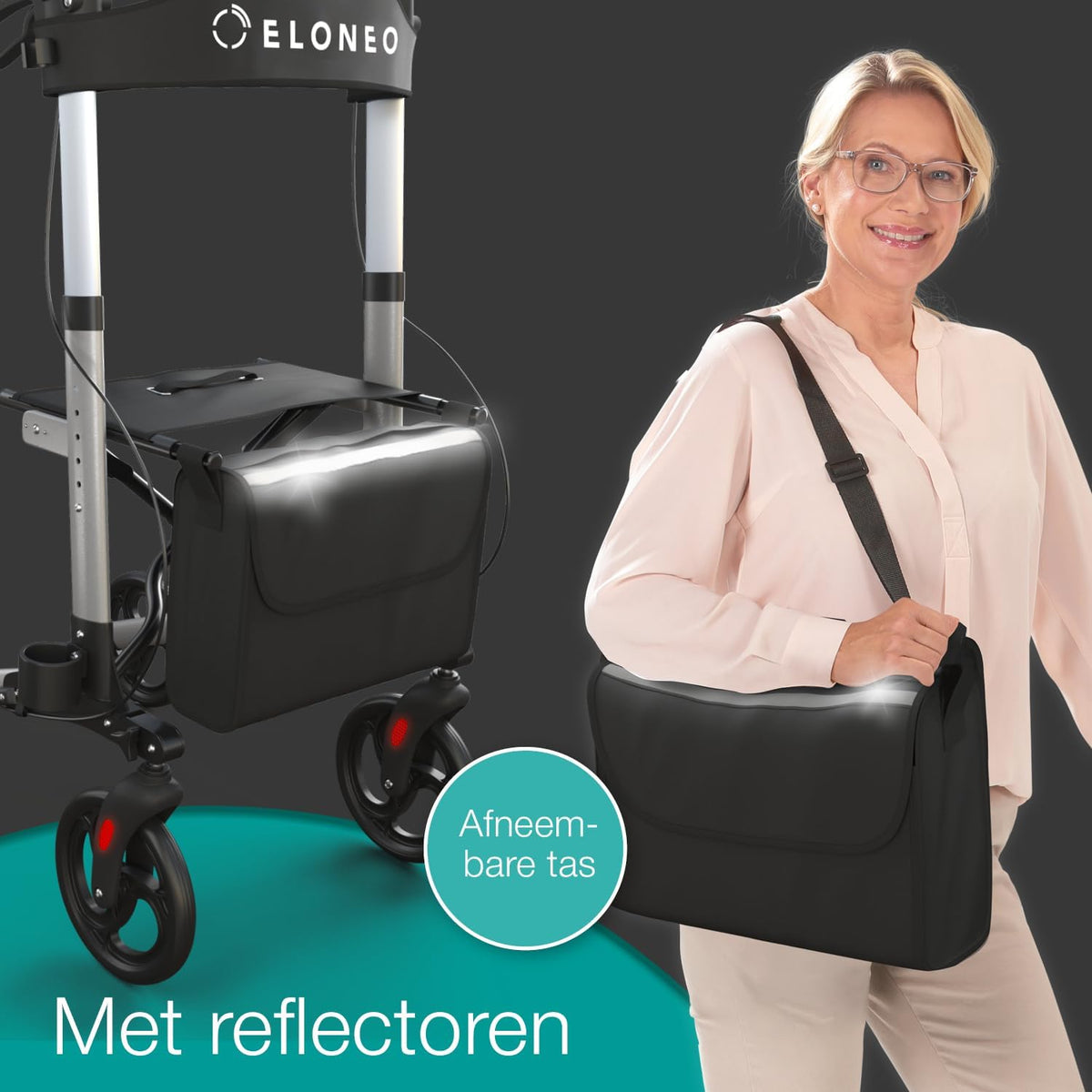ELONEO Lichtgewicht Rollator met Zitje - Opvouwbare Aluminium Rollator voor Senioren, 8 Verstelbare Hoogtes, 3-voudig Opvouwbaar Loophulpmiddel met Tas & Parapluhouder, Past in Auto (Zilver)