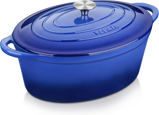 Velaze Cast Iron Casserole with Lid, 34 cm Oval Enamel Pan, 7 L Bread Baking Mould, All Heat Source Stewpan, Blue - QUORE