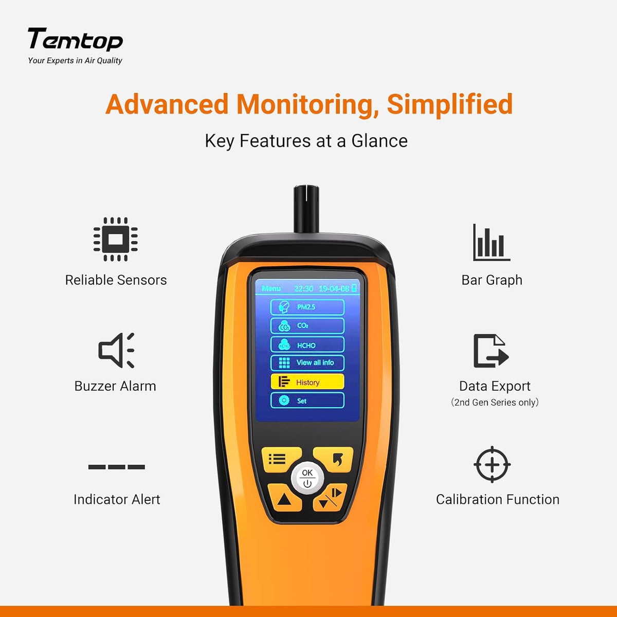 Temtop Luchtkwaliteitsmonitor voor PM2.5 PM10 Deeltjes CO2 HCHO Temperatuur Vochtigheid Instelbaar Audio Alarm Opnamecurve Eenvoudige kalibratie Kleurrijk display (M2000 2nd)