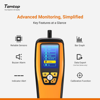 Temtop Luchtkwaliteitsmonitor voor PM2.5 PM10 Deeltjes CO2 HCHO Temperatuur Vochtigheid Instelbaar Audio Alarm Opnamecurve Eenvoudige kalibratie Kleurrijk display (M2000 2nd)
