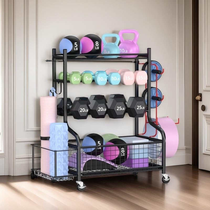 Mythinglogic Halterstandaard, multifunctioneel halterrek voor halters, yogamat, fasciarol, kettlebell en yogablok, gepoedercoat staal, met haken en wieltjes