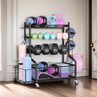 Mythinglogic Halterstandaard, multifunctioneel halterrek voor halters, yogamat, fasciarol, kettlebell en yogablok, gepoedercoat staal, met haken en wieltjes