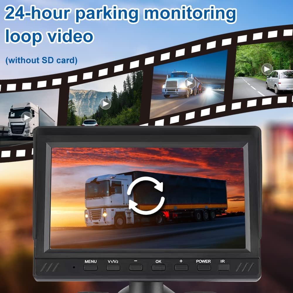 OBEST Achteruitrijcamera en monitorset, 7 inch, 4-kanaals gedeelde beeldscherm, rijopnamefunctie, 4-weg bewaking, achteruitrijbeeld, waterdicht nachtzicht, geschikt voor 9-36 V