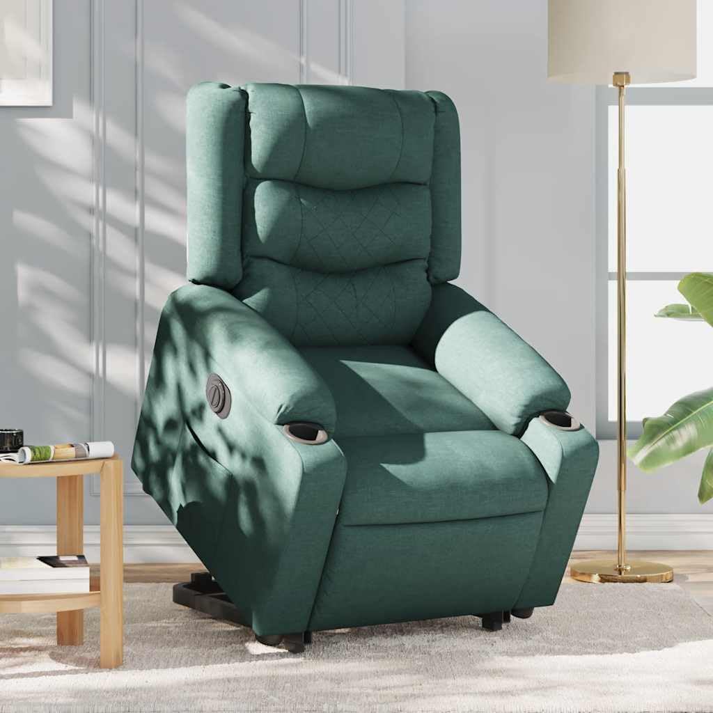 Relaxstoel – Elektrische Fauteuil – Ligstoel – TV Stoel – Opstahulp – Donkergroene Stof – Verstelbare Rugleuning Tot 135° – Stevig Hout- en Metalen Frame