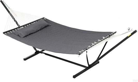 Outsunny Hammock on Stand with Cushion, Hammock with Steel Stand, with Spreader Bars, for Outdoor Camping, Beach, Dark Grey - QUORE