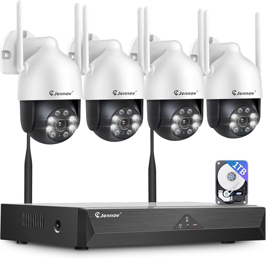 Jennov 5MP Draadloos Beveiligingscamerasysteem, 10CH NVR CCTV Camerasysteem met 1TB HDD, 4 Stuks PTZ Camera, Persoonsdetectie, Kleuren-nachtzicht, Automatisch Volgen, Tweeweg-audio