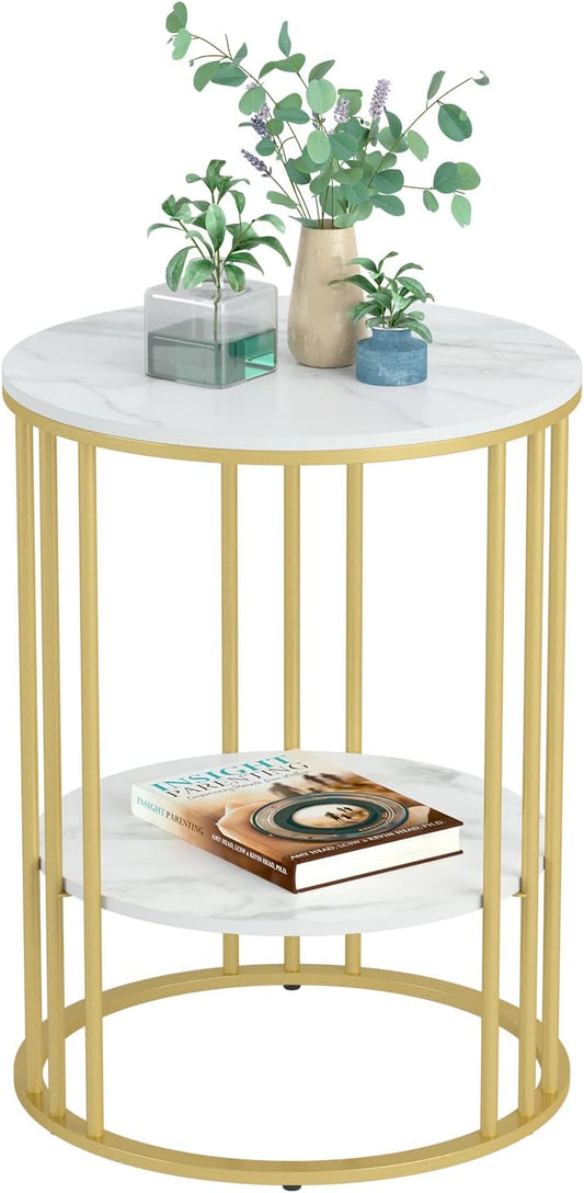 Marmeren Top Bijzettafel Goud: Kleine Ronde Eindtafels 40 x 54 cm Gesinterde Steen Nachtkastje met Metalen Gouden Poten Moderne Witte Nachtkast 2-laags Ronde Sofa Salontafel voor Slaapkamer Woonkamer