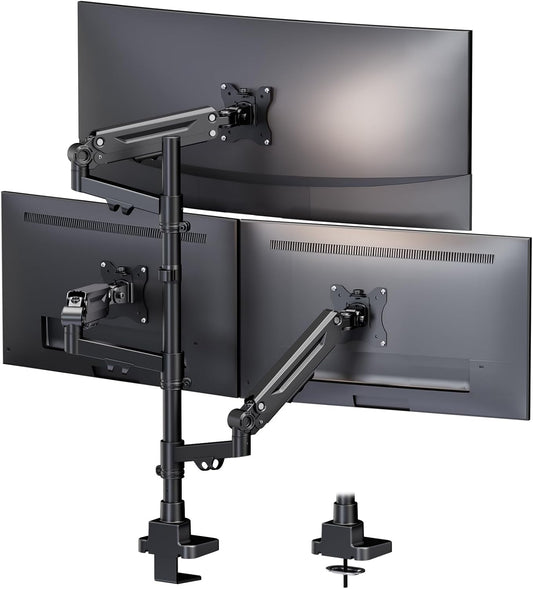 PUTORSEN monitorbeugel voor 3 monitoren voor 17-35 inch beeldschermen, monitorbeugel voor 3 monitoren in hoogte verstelbaar met 12 kg per arm, 80 cm stang, beeldschermbeugel zwenkbaar en kantelbaar