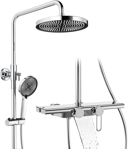 Douchesysteem – Douche Set – Regendouche – Handdouche – Watervaluitloop – Inclusief Glazen Plank – 5 Sproeistanden – 25 cm Regendouche