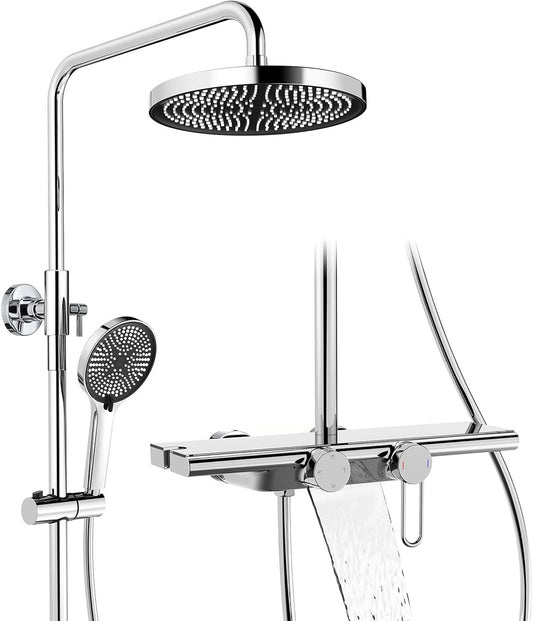 Douchesysteem – Douche Set – Regendouche – Handdouche – Watervaluitloop – Inclusief Glazen Plank – 5 Sproeistanden – 25 cm Regendouche