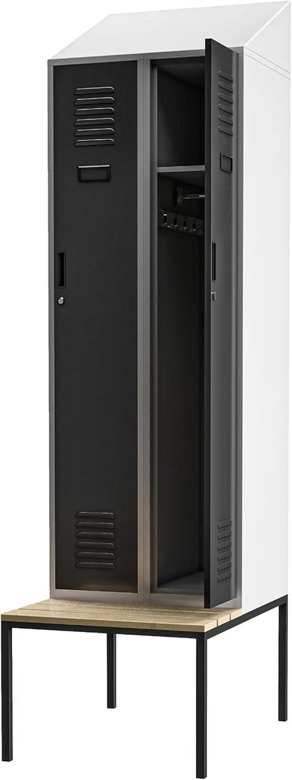 Jan Nowak Cabinet, Metal Locke with Dining Table Bench | Powder Coated, Ventilation Openings | Internal Lockers with Key | Cloakers, Dressing Rooms | 230cm x 60cm x 85cm | Grey-Anthracite - QUORE