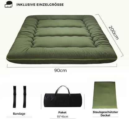 MAXYOYO Japanse vloermatras, futonmatras, dikkere tatami-mat, slaapkussen, opvouwbaar, oprolbaar matras, slaapzaal, matras, kussen, bed (groen, eenpersoons)