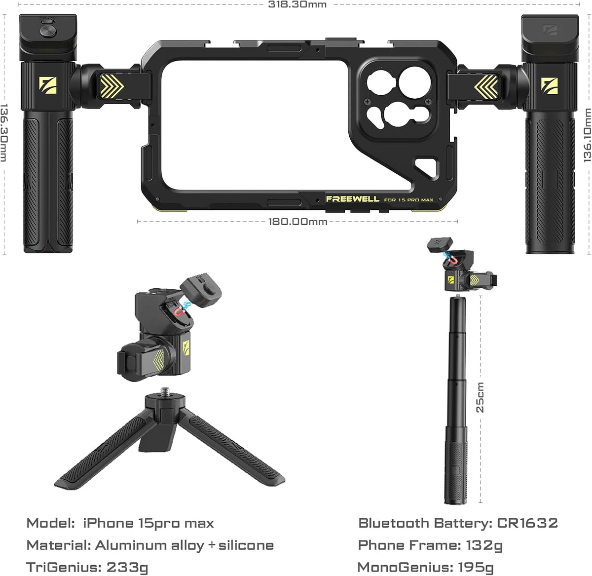 Freewell Multifunctionele Genius Rig Cage zonder gereedschap voor smartphone, snelle installatie, statief- en monopod-handgrepen, Bluetooth-afstandsbediening voor iPhone 15 Pro Max