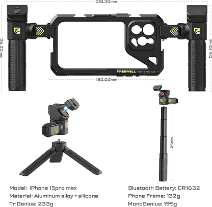 Freewell Multifunctionele Genius Rig Cage zonder gereedschap voor smartphone, snelle installatie, statief- en monopod-handgrepen, Bluetooth-afstandsbediening voor iPhone 15 Pro Max