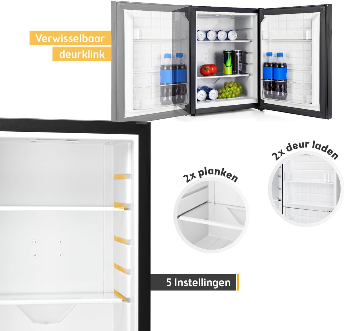TZS First Austria - Mini koelkast 40L geruisloos - Kleine minikoelkast met verwisselbare deurscharnier & binnenverlichting - Minibar voor camping, kantoor, slaapkamer & hotel - Glazen voorkant