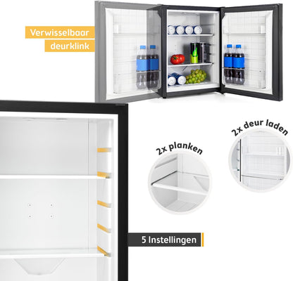 TZS First Austria - Mini koelkast 40L geruisloos - Kleine minikoelkast met verwisselbare deurscharnier & binnenverlichting - Minibar voor camping, kantoor, slaapkamer & hotel - Glazen voorkant