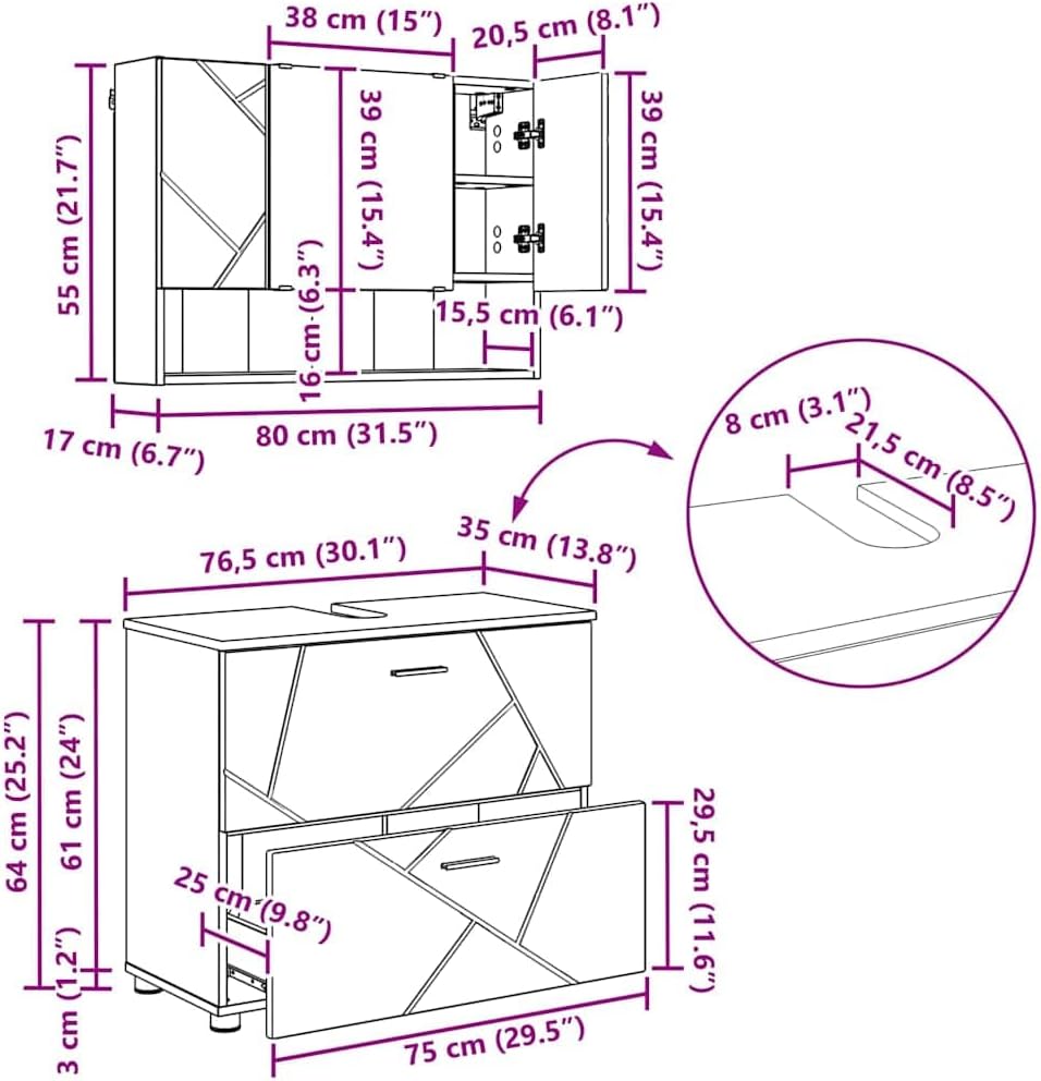vidaXL Badkamermeubelset met lade 2 pcs Betongrijs 76,5 x 35 x 64 cm, - QUORE