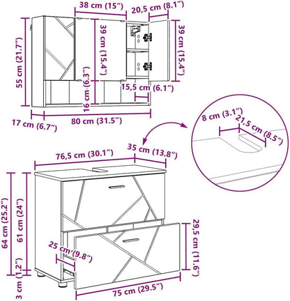vidaXL Badkamermeubelset met lade 2 pcs Betongrijs 76,5 x 35 x 64 cm, - QUORE