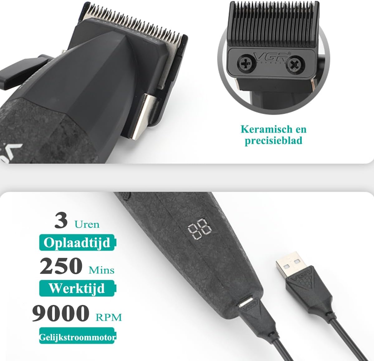 VGR 640 Professionele tondeuse voor heren, draadloze tondeuse- en trimmerset, Zero Gap T-blade, DLC keramisch lemmet, hoogwaardige kapperset met led-display (zwart)