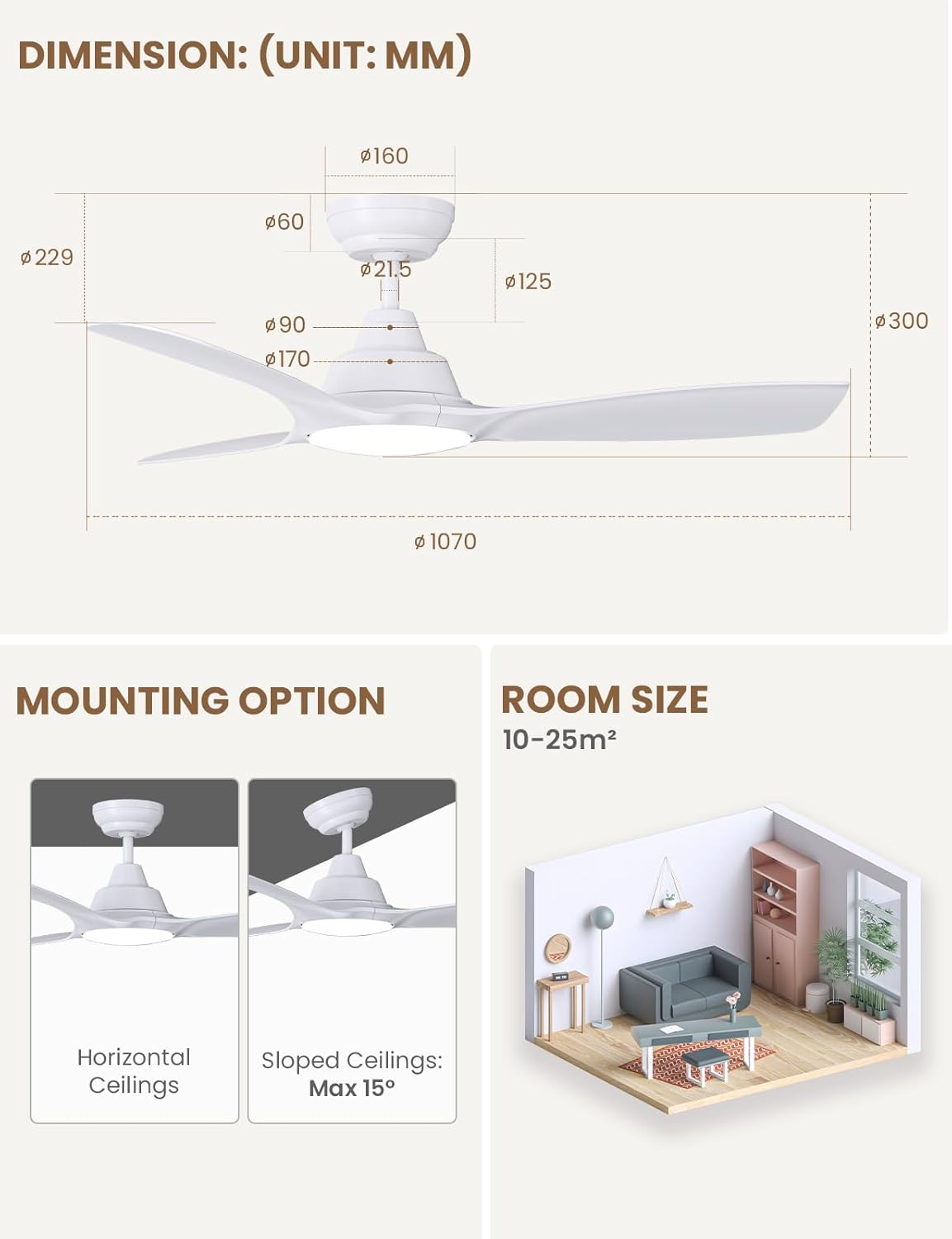 CJOY Plafondventilator met licht en afstandsbediening, 107 cm, wit, plafondventilator, dimbaar, DC, 6 snelheden, 3CCT-geheugen, slaapmodus, voor slaapkamer/woonkamer