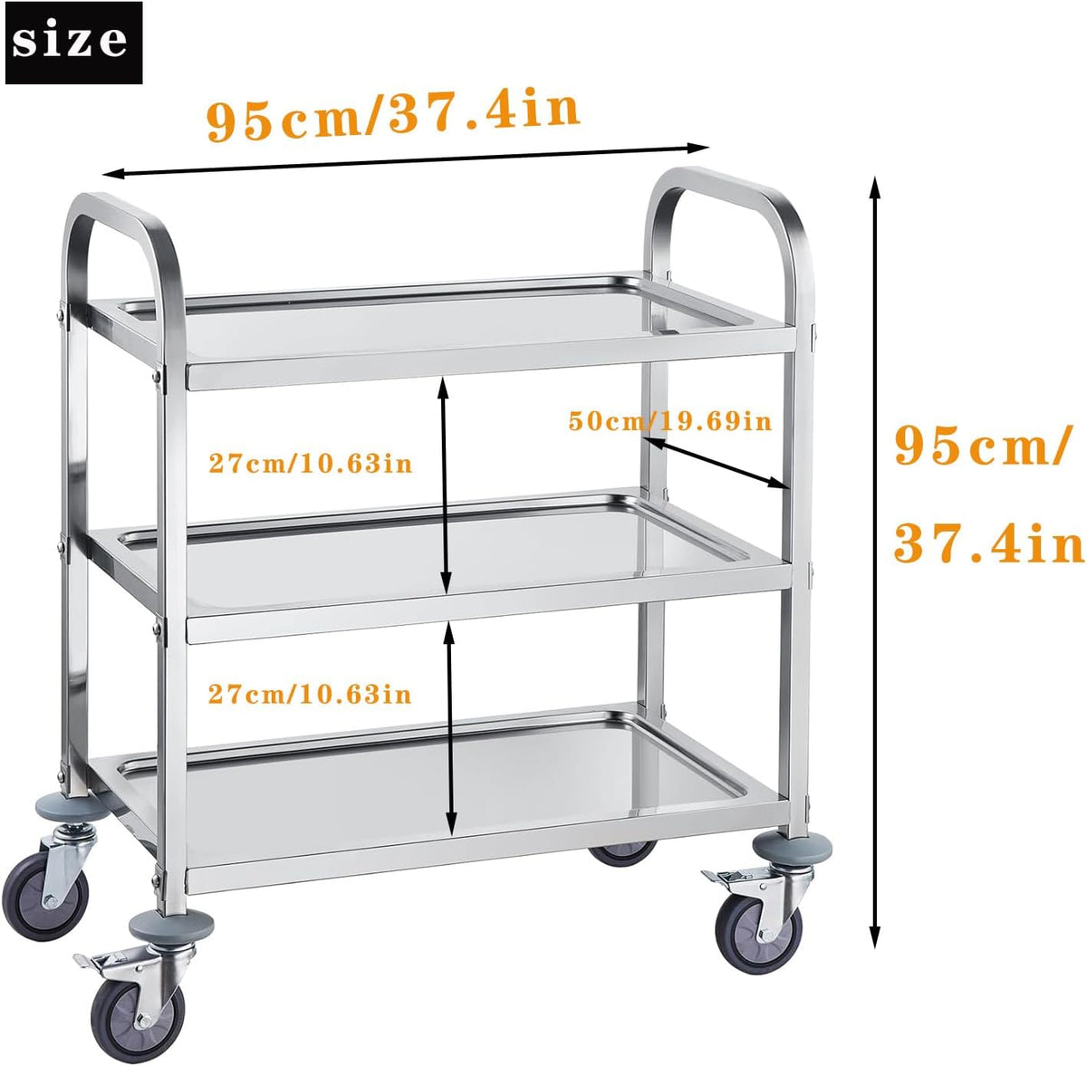 3 Tier RVS Utility Rolling Cart Kitchen Island Trolley Serving Catering Opbergkar met vergrendelingswielen, ideaal voor keukenhotels, restaurants en verzorgingshuizen (95 x 50 x 95 cm)