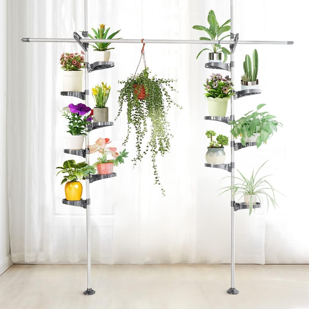 Uitbreidbare plantenstandaard – Plantenhouder – Plantenrek – Bloemenrek – Bloemendisplayrek – Zonder boren, vloer-tot-plafond klembevestiging – Verstelbaar in hoogte 175-290 cm, 12 trays, 2 armen en 1 hangstang