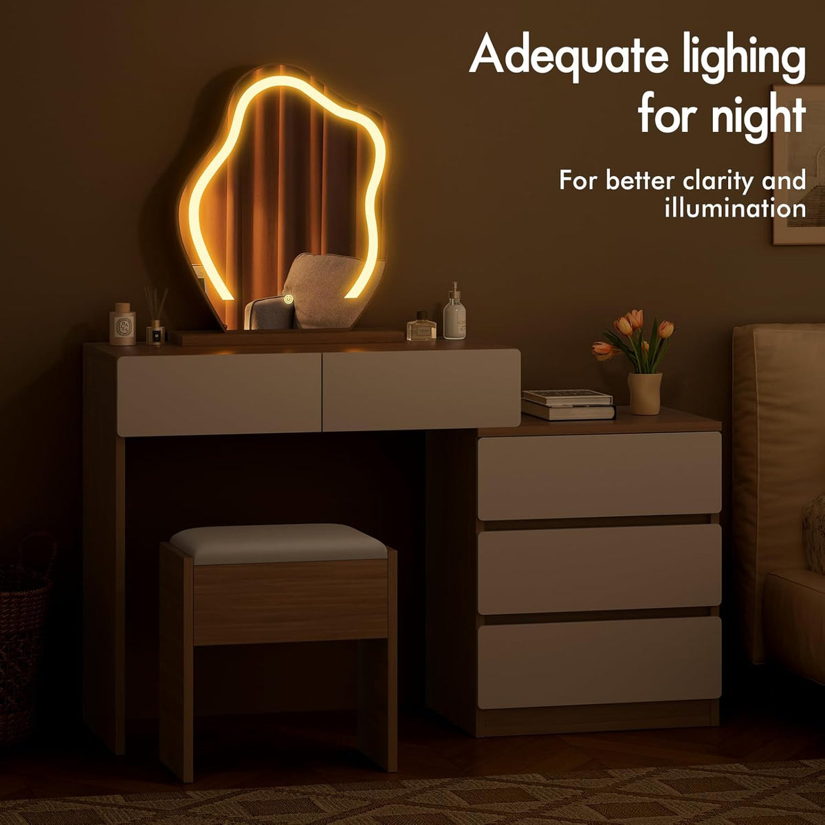 Make-uptafel – Kaptafel – Schminktisch – Make-up Bureau – Beautytafel – Wolkenvormige Spiegel – 10 Verstelbare LED-Lampen – Ruime Laden Met Kruk Opbergruimte