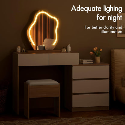 Make-uptafel – Kaptafel – Schminktisch – Make-up Bureau – Beautytafel – Wolkenvormige Spiegel – 10 Verstelbare LED-Lampen – Ruime Laden Met Kruk Opbergruimte