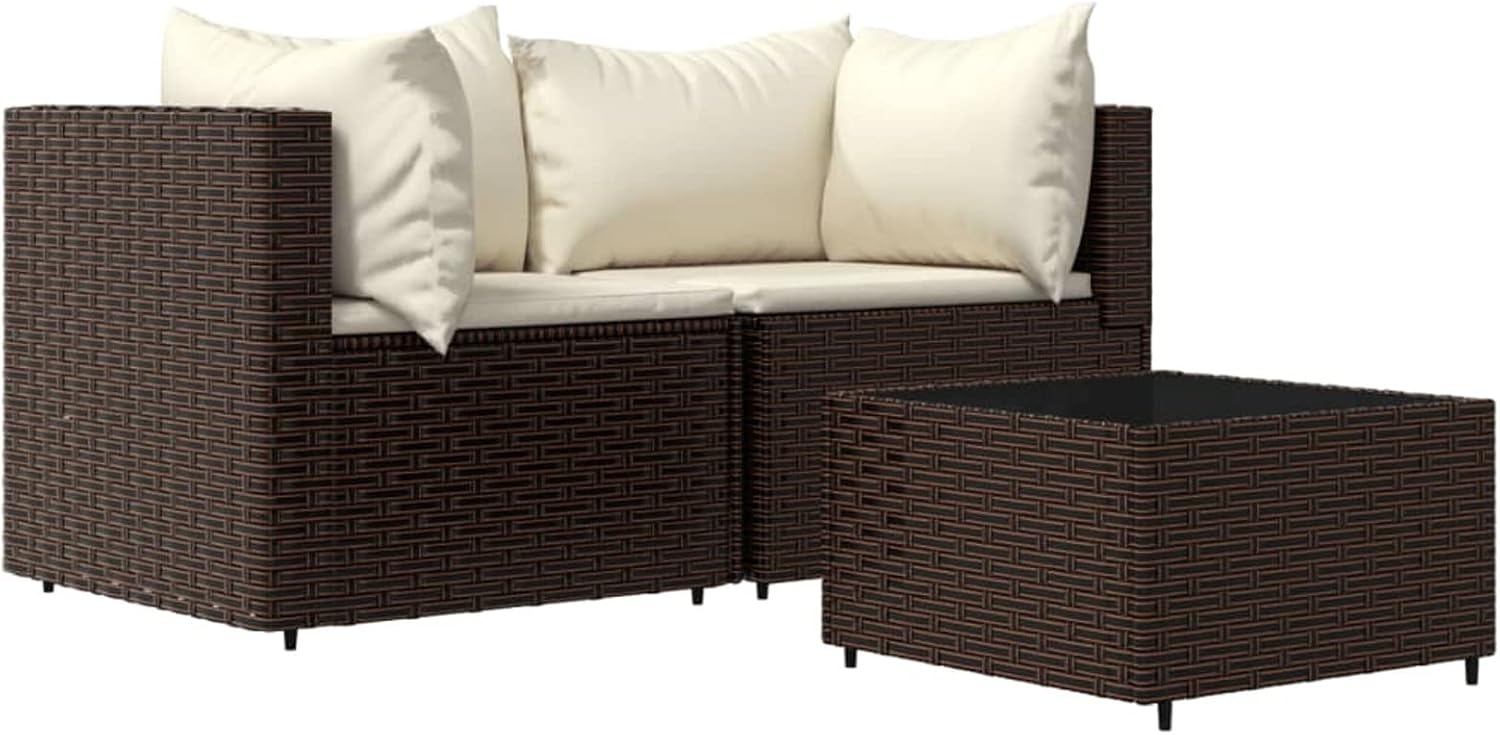 3 Piece Garden Lounge Set with Cushion, Lounge Set Lounge Set Balcony Garden Lounge Garden Furniture Sets Brown Poly Rattan 319747 - QUORE