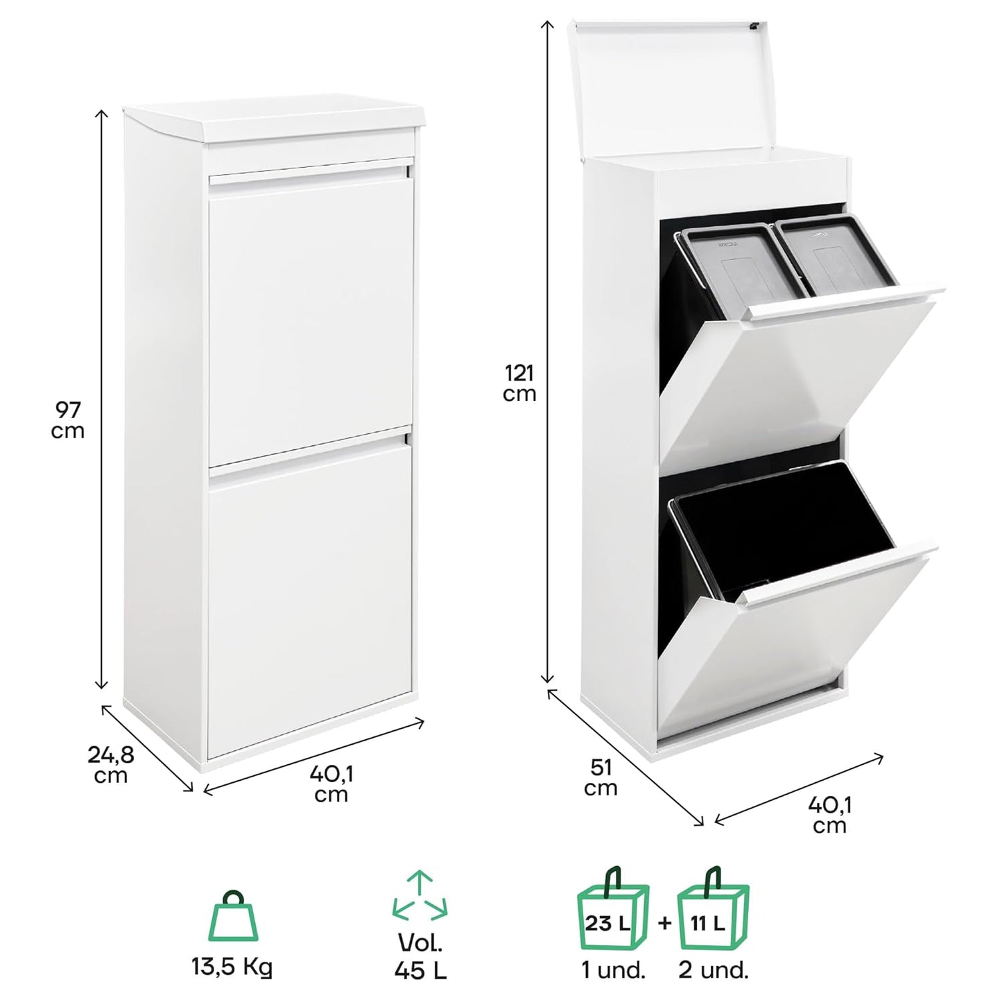 ARREGUI Top CR421-B Recycling Container | Waste Container with Storage Compartment | 3 Compartments 11+11+23 L (45 L) | Inner Buckets for PMD and GFT | Recycle Bin for Waste Separation | Waste Bin for - QUORE