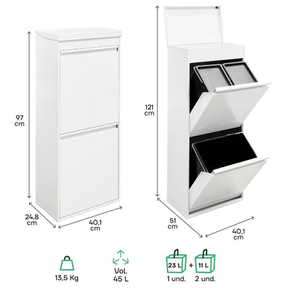 ARREGUI Top CR421-B Recycling Container | Waste Container with Storage Compartment | 3 Compartments 11+11+23 L (45 L) | Inner Buckets for PMD and GFT | Recycle Bin for Waste Separation | Waste Bin for - QUORE