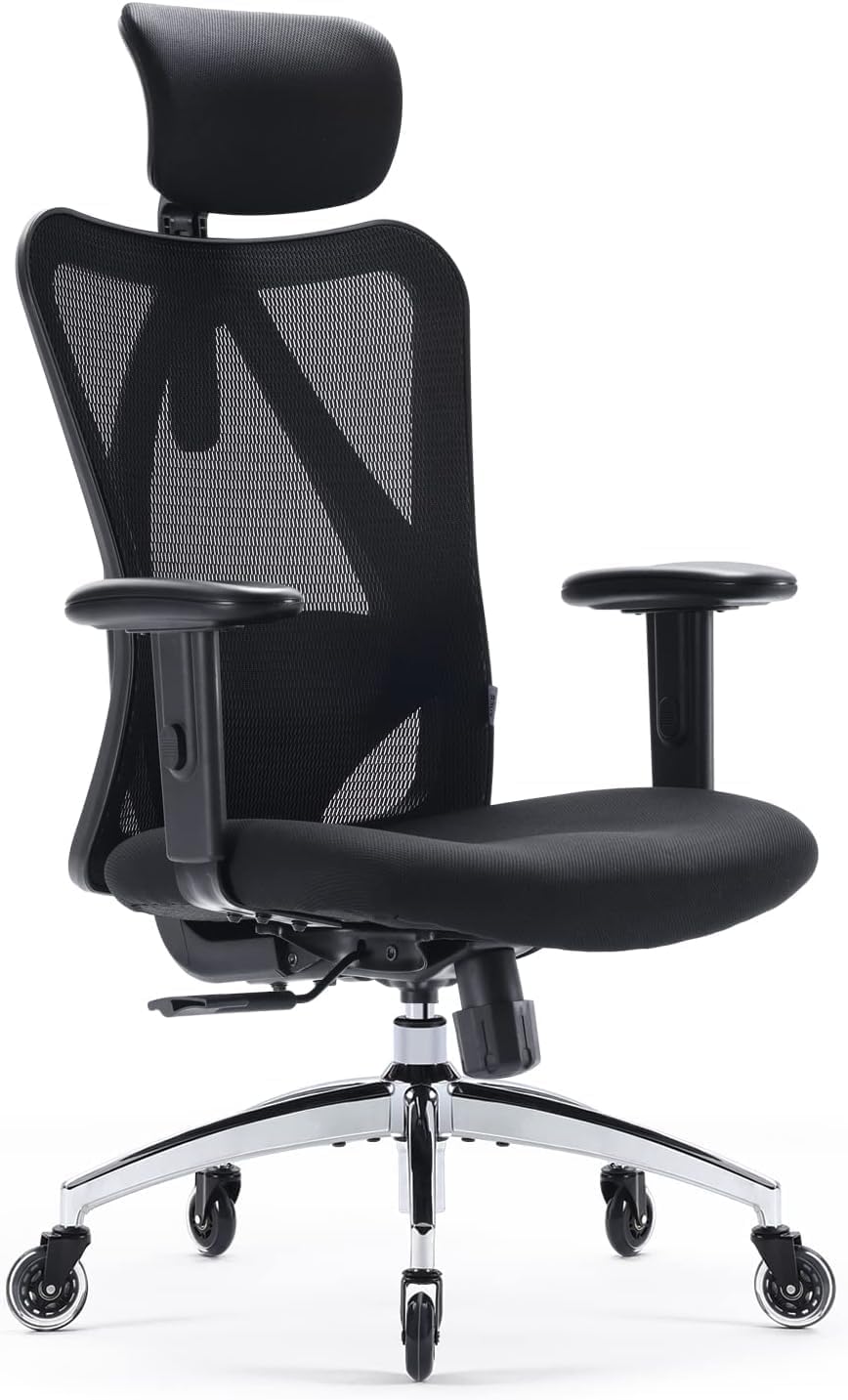 SIHOO Ergonomische bureaustoel, Computer Office Chair met verstelbare lendensteun en hoofdsteun, Ademende mesh-gamingstoel met comfortabel dik kussen en in hoogte verstelbare armleuningen, Thuisstudie draaistoel (zwart)