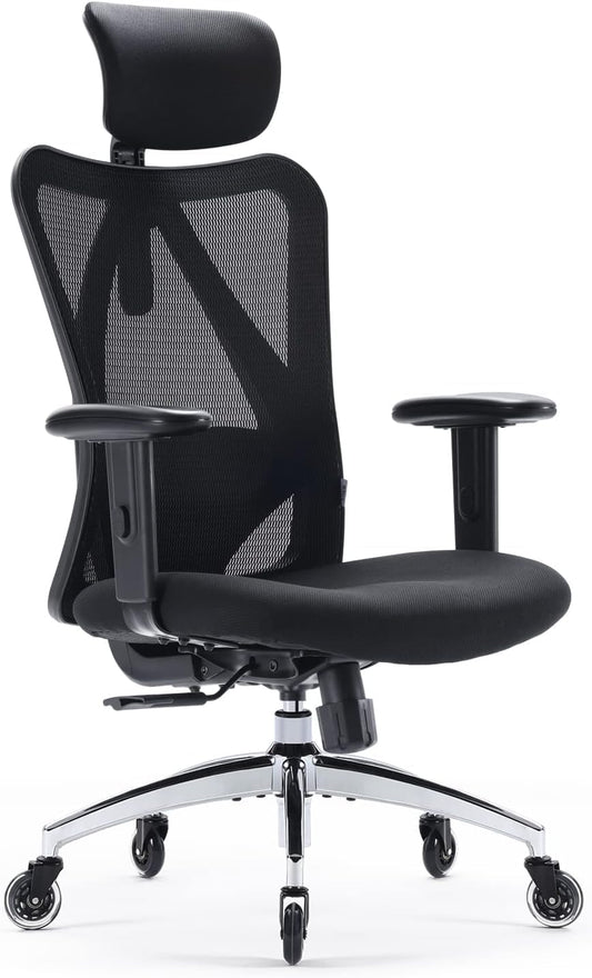SIHOO Ergonomische bureaustoel, Computer Office Chair met verstelbare lendensteun en hoofdsteun, Ademende mesh-gamingstoel met comfortabel dik kussen en in hoogte verstelbare armleuningen, Thuisstudie draaistoel (zwart)