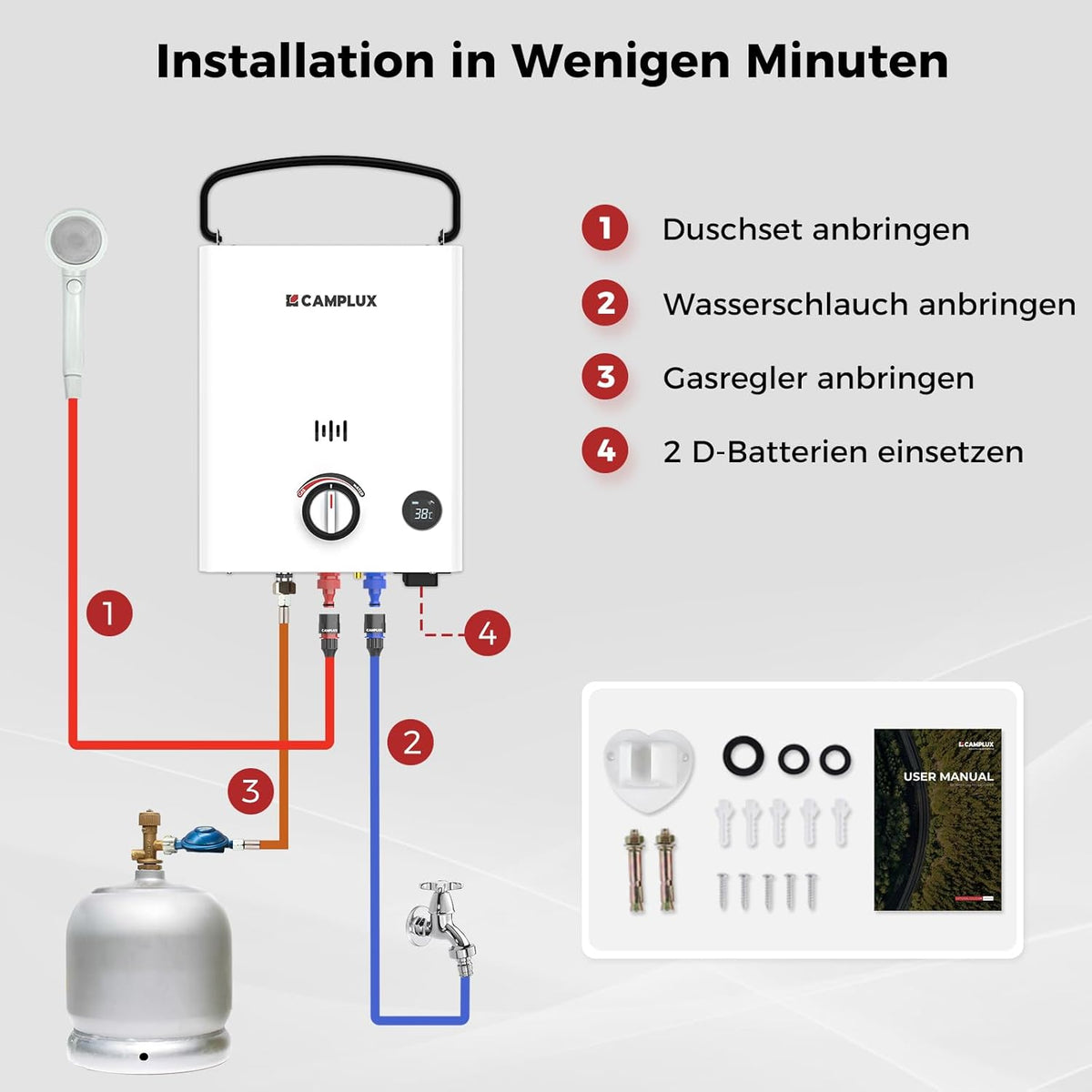 CAMPLUX First Gasdoorstroomboiler, 5 liter, met handgreep, LPG, 50 mbar, voor camperuitstapjes, campingdouche, F5-DE