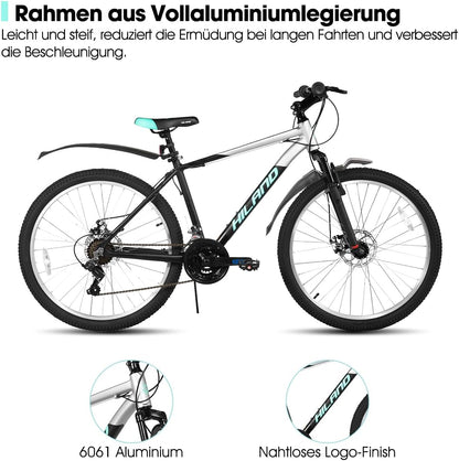 HILAND Mountainbike, 27,5 inch, 18 versnellingen, verende vork, aluminium frame, schijfrem voor mannen en vrouwen, MTB, zwarte fiets