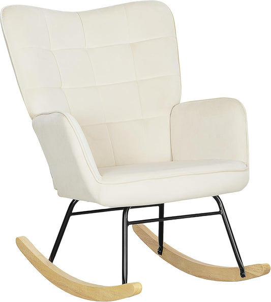 HOMCOM Rocking Chair, Velvet Rocking Chair with Armrests, Wooden Base, Relax Chair for Living Room, Bedroom, Beige - QUORE
