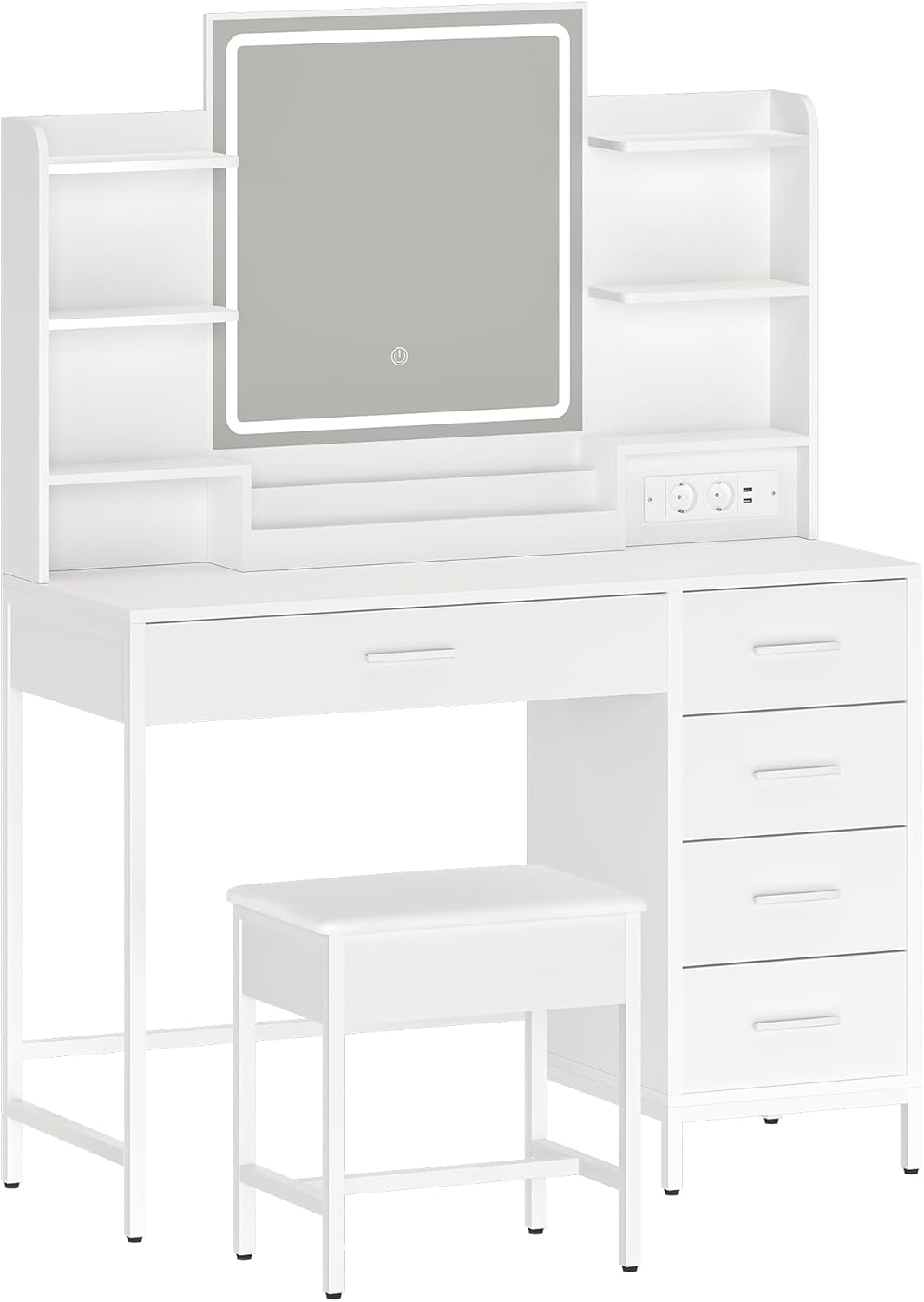 Hzuaneri Dressing Table, Soft Stool, HD Mirror and Adjustable Led Lights, Socket and Usb, 5 Drawers, Open Storage Compartment, White DT35103W