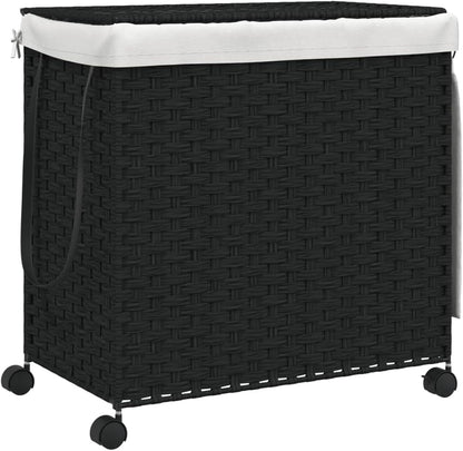 Gecheer Laundry Basket with Wheels, Black, 60 x 35 x 60.5 cm, Rattan, Laundry Basket, Laundry Basket, Laundry Basket for Baby Clothing, Bed Linen Shoes, 372042 - QUORE
